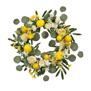 Couronne de fleurs artificielle eucalyptus et citron déco de porte printanière