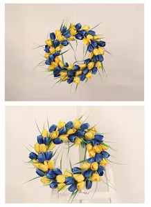 Artificial tulip wreath blue yellow front door spring summer home decor floral wreath detail