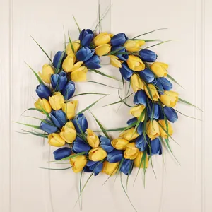 Artificial Tulip Flower Wreath Silk Spring Summer Floral Wreath For Front Door Home Indoor Outdoor Wall Decor