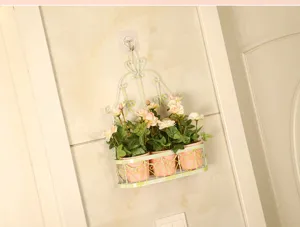 American pastoral iron wall hanging flower basket with pink pots and artificial roses