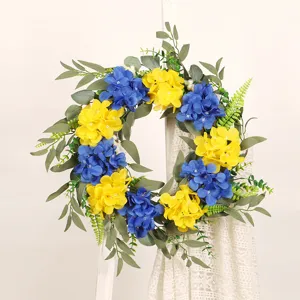 Spring Summer Artificial Silk Hydrangea Wreath Green Eucalyptus Leaves Home Festival Wedding Party Wall Hanging Decoration