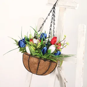 Jour de l'Indépendance Panier Suspendu Tulipe Artificielle Fleurs en Soie Rouge Blanc Bleu Chaîne en Métal Décoration Murale