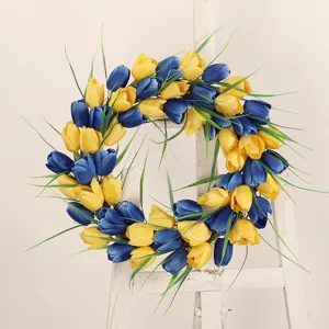 Artificial tulip wreath for front door decor, blue and yellow spring summer floral wreath.