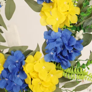 Artificial flower wreath with blue yellow hydrangeas eucalyptus leaves for home decor