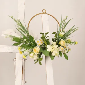 Fleur en Soie Couronne Artificielle de Printemps Rose Hortensia Gypsophile Suspension Murale en Fer pour Salon de Maison Décor de Porte