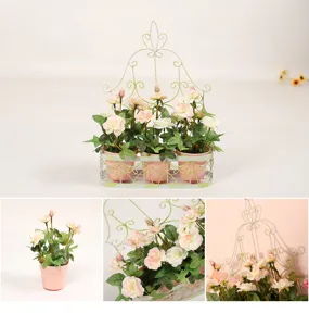 American pastoral wall hanging flower basket with artificial roses and pots for home decor.