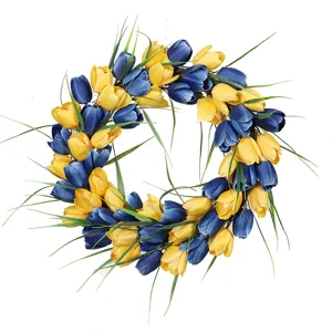 Artificial Tulip Wreath Blue and Yellow Spring Summer Front Door Decor Flower Floral Wreath