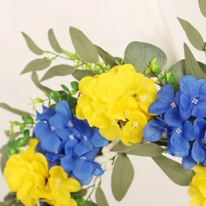 Artificial silk flower wreath spring summer blue yellow hydrangea eucalyptus leaves decor
