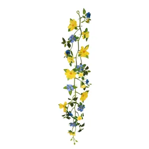 Artificial cosmos flower vine garland, yellow and blue floral hanging decor for home wedding.