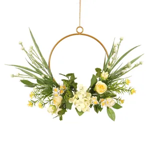 Couronne de fleurs artificielle anneau en métal doré avec roses jaunes déco murale