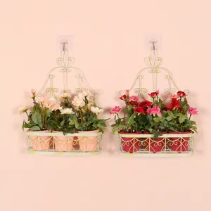 American Pastoral Iron Wall Hanging Flower Basket Artificial Silk Rose Flower Plastic Pot Home Decor Wall Decoration