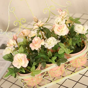 Artificial rose flower potted plant with iron rack pastoral home desktop decorative floral decor
