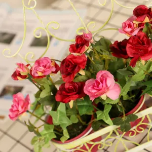 American pastoral wall hanging artificial rose flower basket iron decor for home and garden.
