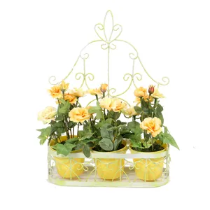 American pastoral iron wall hanging flower basket with yellow artificial roses for decor