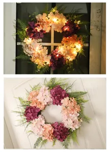 Summer artificial hydrangea floral wreath with lights, front door wall hanging decoration.