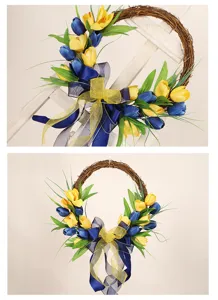 Artificial tulip wreath detail showing exquisite blue and yellow flowers, twigs, and ribbons.