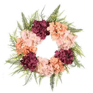 Artificial hydrangea wreath with green fern leaves, perfect for front door and wall decor.
