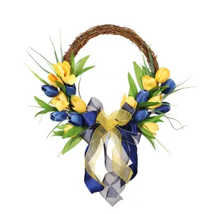 Spring summer artificial tulip wreath with blue yellow flowers and elegant ribbon for home decor