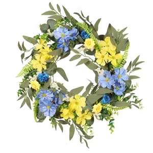 Ghirlanda floreale artificiale con fiori di cosmo blu giallo e foglie per porta d'ingresso