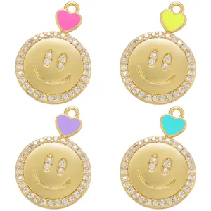 Pendentif Cœur Visage Souriant en Cuivre Accessoires de Bijoux DIY Huile Goutte à Goutte Colorée Micro Incrustation Strass Charme pour Femmes