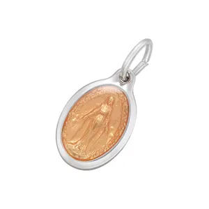 Pendentif religieux ovale argenté avec figure en relief dorée et texte, accessoire de bijoux DIY.