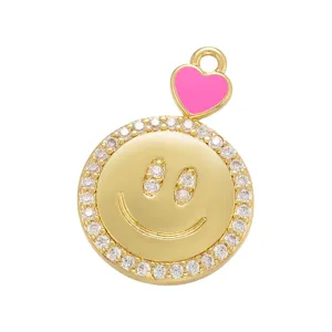 Pendentif Charms Smiley En Zircone Or Avec Cœur Émaillé Rose Accessoire Bijoux DIY