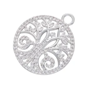 Ασημένιο μενταγιόν δέντρου ζιρκόν micro-pave για DIY κολιέ κατασκευή κοσμημάτων.