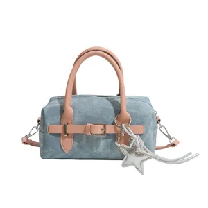Sweet denim color-block handbag for women, stylish shoulder messenger bag with star pendant.