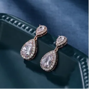 Orecchini pendenti a goccia in zircone da donna, eleganti gioielli scintillanti oro rosa.