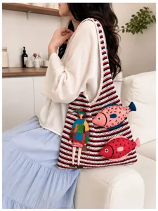 Cozy knit shoulder bag for women, striped tote with cute fish and embroidery design.