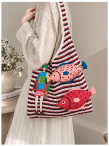 Chic knitted shoulder bag with cute fish embroidery, casual lazy style tote for women.