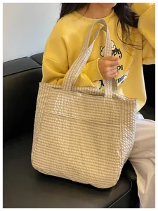 Beige Seersucker Karo Shopper Tasche Grosse Kapazitat Freizeittasche Alltag Handtasche