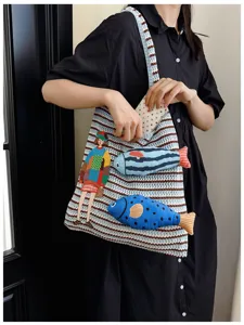 Casual knit shoulder bag with cute fish embroidery stylish women everyday tote bag chic accessory.