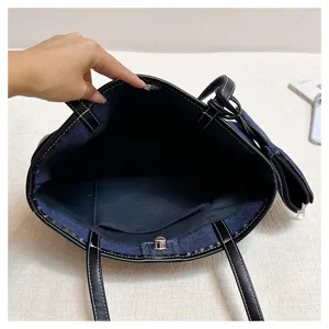 Casual τσάντα shopper από denim για γυναίκες, μεγάλη τσάντα ώμου με ραφές αντίθεσης και τσέπη.