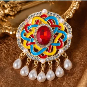 Vintage kleurrijke geweven Chinese knoop broche parel kwast strass trui speld mooi