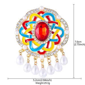 Kleurrijke vintage knoop broche met parel kwastjes en strass, elegante dames sieraden.