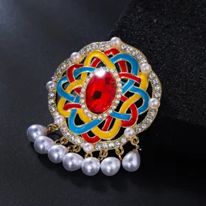 Vintage kleurrijke geweven Chinese knop broche met parelkwastjes en strass, elegante trui speld.