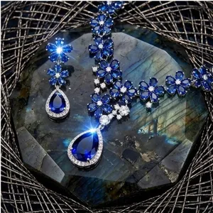 Sapphire blue zircon teardrop necklace earrings set luxury bridal evening jewelry accessories