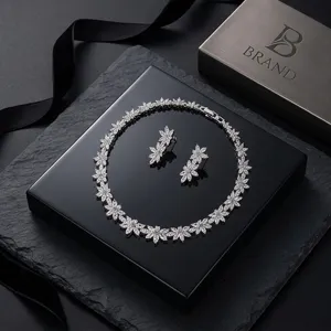 Luxury full-diamond zircon necklace and earrings set for bridal wedding party evening gown dress.
