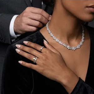 Luxury crystal floral necklace ring set for women elegant bridal wedding party jewelry gift.