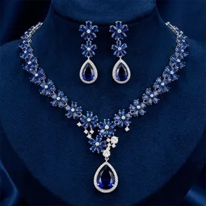 Luxury Royal Blue Zirconia Water Drop Necklace Earrings Jewelry Set For Women Flower Copper Plated Bridal Wedding Banquet Jewelry