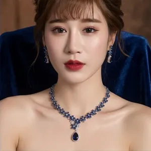 Exquisite sapphire blue zircon flower necklace and earrings set for luxurious evening wear.