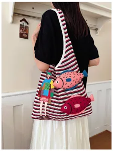 Knit shoulder bag casual tote bag with cute fish embroidery and striped design stylish daily use
