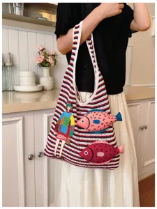 Knitted striped casual shoulder bag featuring cute 3D fish and figure embroidery details.
