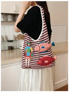 Knit shoulder tote bag with cute embroidered girl and 3D fish design for casual daily use