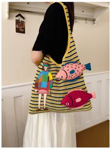 Knit hobo shoulder bag with cute fish and girl patches casual lazy style tote purse for daily use