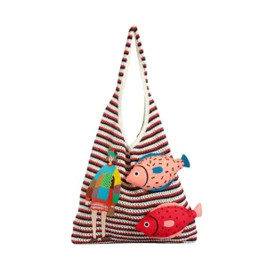 Knitted Striped Shoulder Bag Casual Tote Bag with Cute Embroidery and Fish Decoration