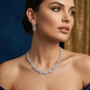 Luxury bridal diamond zirconia necklace earrings set for wedding party evening gown wear.