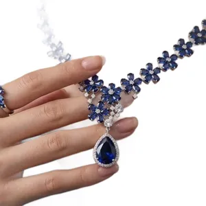 Sapphire blue zirconia teardrop necklace set for women luxury wedding evening party jewelry