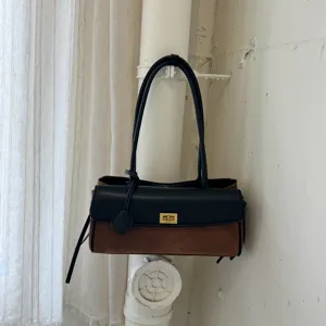 Vintage quilted shoulder bag for women elegant contrast color retro underarm bag